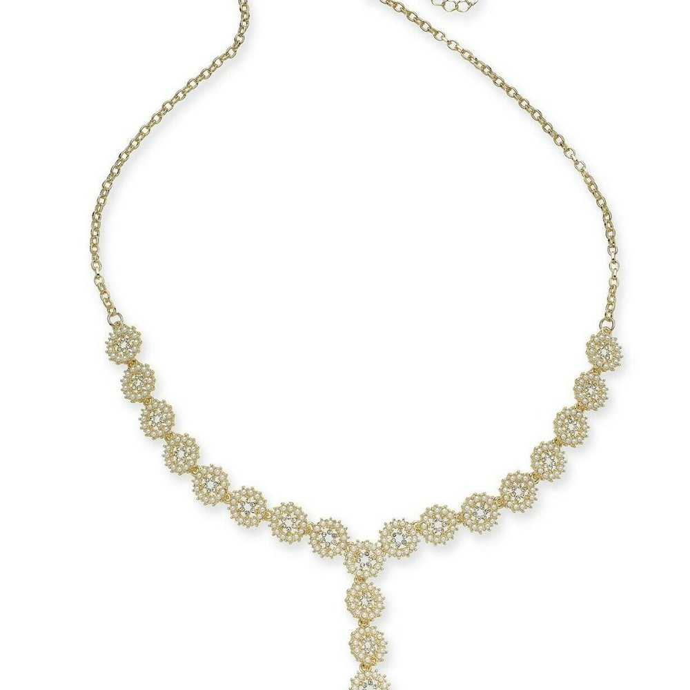 INC International Concepts Gold-Tone Crystal Kiska Pearl Flower "Y"Necklace